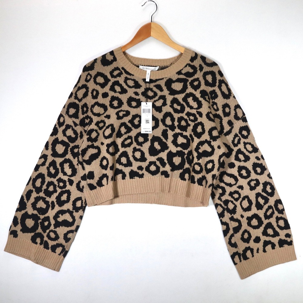 BCBGeneration Sweater Womens L Champagne Leopard Print Cropped Bell Sleeve NEW